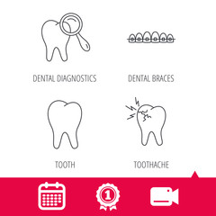 Achievement and video cam signs. Tooth, dental braces and toothache icons. Dental diagnostics linear sign. Calendar icon. Vector