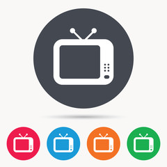 TV icon. Retro television symbol. Colored circle buttons with flat web icon. Vector