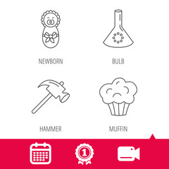 Achievement and video cam signs. Newborn, muffin and lab bulb icons. Hammer linear sign. Calendar icon. Vector