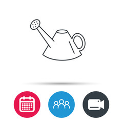Watering can icon. Gardener equipment sign symbol. Group of people, video cam and calendar icons. Vector