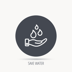 Save water icon. Hand with water drops sign. Ecology environment symbol. Round web button with flat icon. Vector