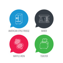 Colored speech bubbles. American style refrigerator, mixer and toaster icons. Waffle-iron linear sign. Flat web buttons with linear icons. Vector