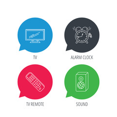 Colored speech bubbles. TV remote, alarm clock and sound icons. Widescreen TV linear sign. Flat web buttons with linear icons. Vector