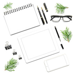 Office desk digital gadgets Christmas decoration flat lay