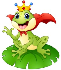 Fototapeta premium Frog prince cartoon on water lily leaf