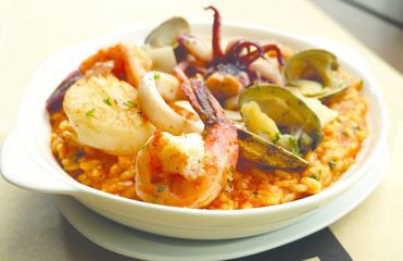 Close up of seafood risotto. Selective focus.
