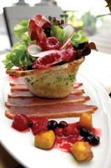 Close up of smoked duck menu. Selective focus.
