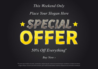 Special Offer vector illustration on black background. Horizontal poster Special Offer Sale 50% Off Everything creative concept. Banner layout Special Offer Sale A4 size, ready to print.
