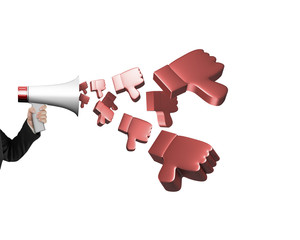 Hand hold megaphone with 3D thumbs down spraying out