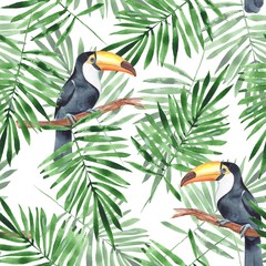 Palm leaves and Toucan. Watercolor seamless pattern 4