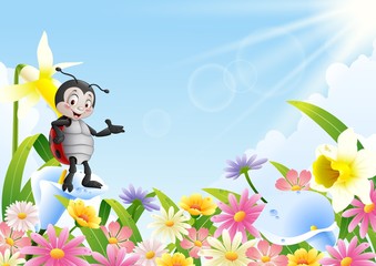Naklejka premium Cartoon ladybug in the flower field
