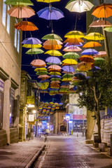 Jerusalem pedestrian Mall with roof umbrellas in downtown Jerusalem Israel