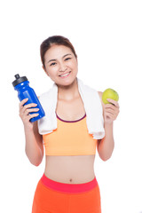 Portrait of young attractive asian woman with green apple and bo