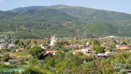 Top view on  Platamon village at sunny day. Pieria, Greece.
