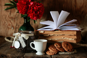 coffee cup old book flower