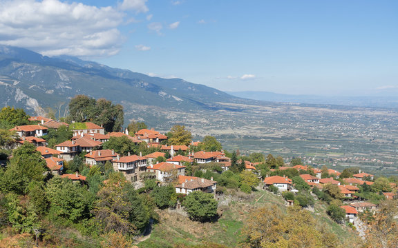 Top view on village on mountain slope. Paralia Panteleimonos, Pieria, Greece.
