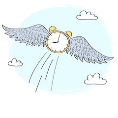 Cartoon clock with wings flying in the sky