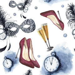 Watercolor christmas party seamless pattern. New year party ornament with vintage clock, red high-heel shoes, glasses with champagne and mask with feather. Hand painted artistic design