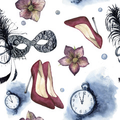 Watercolor masquerade seamless pattern. Christmas party ornament with vintage clock, red high-heel shoes, hellebore flower and mask with feather. Hand painted artistic design