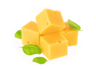 Cheese cubes isolated on white background.