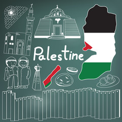 Travel to Palestine doodle drawing icon. Doodle with culture, costume, landmark and cuisine of Palestine with friendly Israel tourism concept in blackboard background, create by vector  