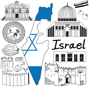 Travel to Israel doodle drawing icon. Doodle with culture, costume, landmark and cuisine of Israel with friendly Palestine tourism concept in isolated background, create by vector  