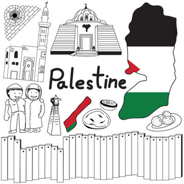 Travel to Palestine doodle drawing icon. Doodle with culture, costume, landmark and cuisine of Palestine with friendly Israel tourism concept in isolated background, create by vector  