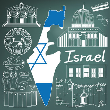 Travel to Israel doodle drawing icon. Doodle with culture, costume, landmark and cuisine of Israel with friendly Palestine tourism concept in blackboard background, create by vector  