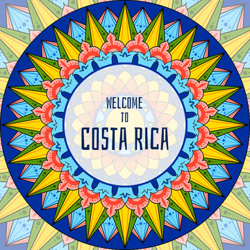 Welcome to Costa Rica illustration vector. Decorated coffee carreta ornament wheel design for tourist symbols, souvenir card, banner or flyer.