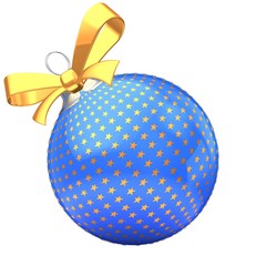 3d illustration of blue Christmas ball over white background with stars ornament and yellow ribbon