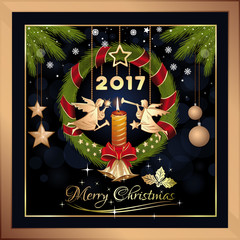 Christmas greeting card. Merry Christmas. New Year's Eve 2017. Wreath of fir branches with jingle bells, burning candle and Christmas angels. Vector illustration