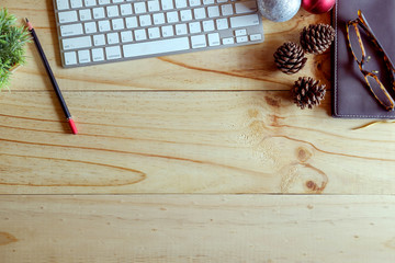 Keyboard PC and office supplies, Work space on desk wood top table.