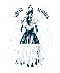 Fashion woman in winter coat . Fashion sketch hand drawn . Vector illustration . Hello winter card , postcard.