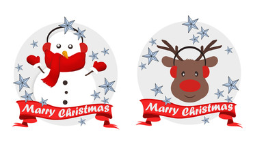 Christmas logo set with cute cartoon characters