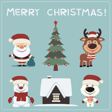 Merry Christmas! Set christmas characters: Santa Claus, reindeer, snowman, polar bear, house and tree.