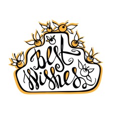 Best wishes lettering . Birthday card , congratulation card . Cake with berries vector illustration hand drawn.

