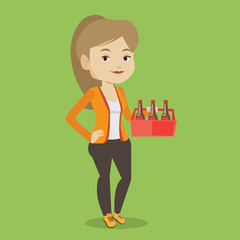 Woman with pack of beer vector illustration.