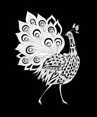 Peacock ornamental. Fantasy bird. Black and white vector illustration hand drawn. Thin line drawing.