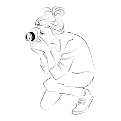 Woman photographer line art black and white illustration | cartoon people art