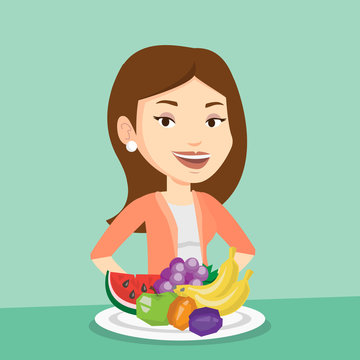 Woman with fresh fruits vector illustration.