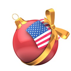 3d illustration of Christmass ball over white background with USA flag and golden ribbon