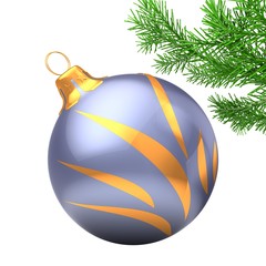 3d illustration of violet Christmas ball over white background with golden ornament and christmas tree branch