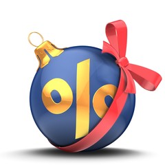 3d illustration of Christmas ball dark blue over white background with golden percent sign and red bow