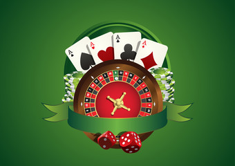 Vector casino logo. Includes roulette, casino chips, playing cards and blank green ribbon allowing to add text - 129526965