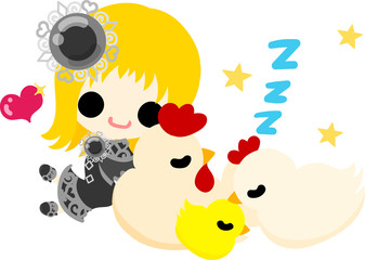 The cute girl and sleeping chickens