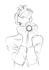 Photographer woman line art black and white holding camera illustration | modern abstract girl in happy moment