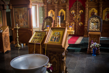 altar close-up. Interior Of Orthodox Church In Easter. baby christening. Ceremony a in Christian ....