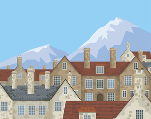 Fototapeta na wymiar Image of small English villages with old stone houses. Rural townscape. Vector illustration.