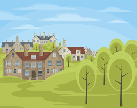 Image of small English villages with old stone houses. Rural landscape. Vector illustration.