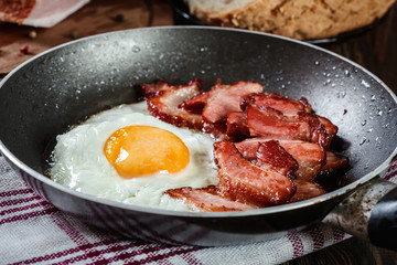 Slices of smoked bacon and fried egg in frying pan